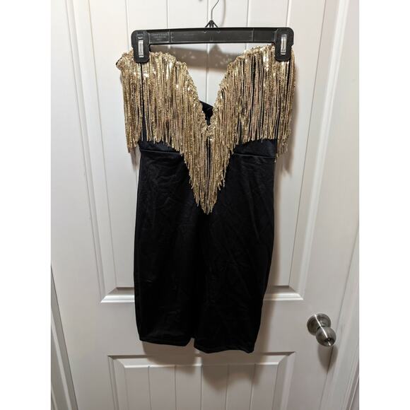 Black Gold Sequin Tassel Tight Fitted Sexy Bodycon Mini Dress Party Club Size S - Picture 4 of 11